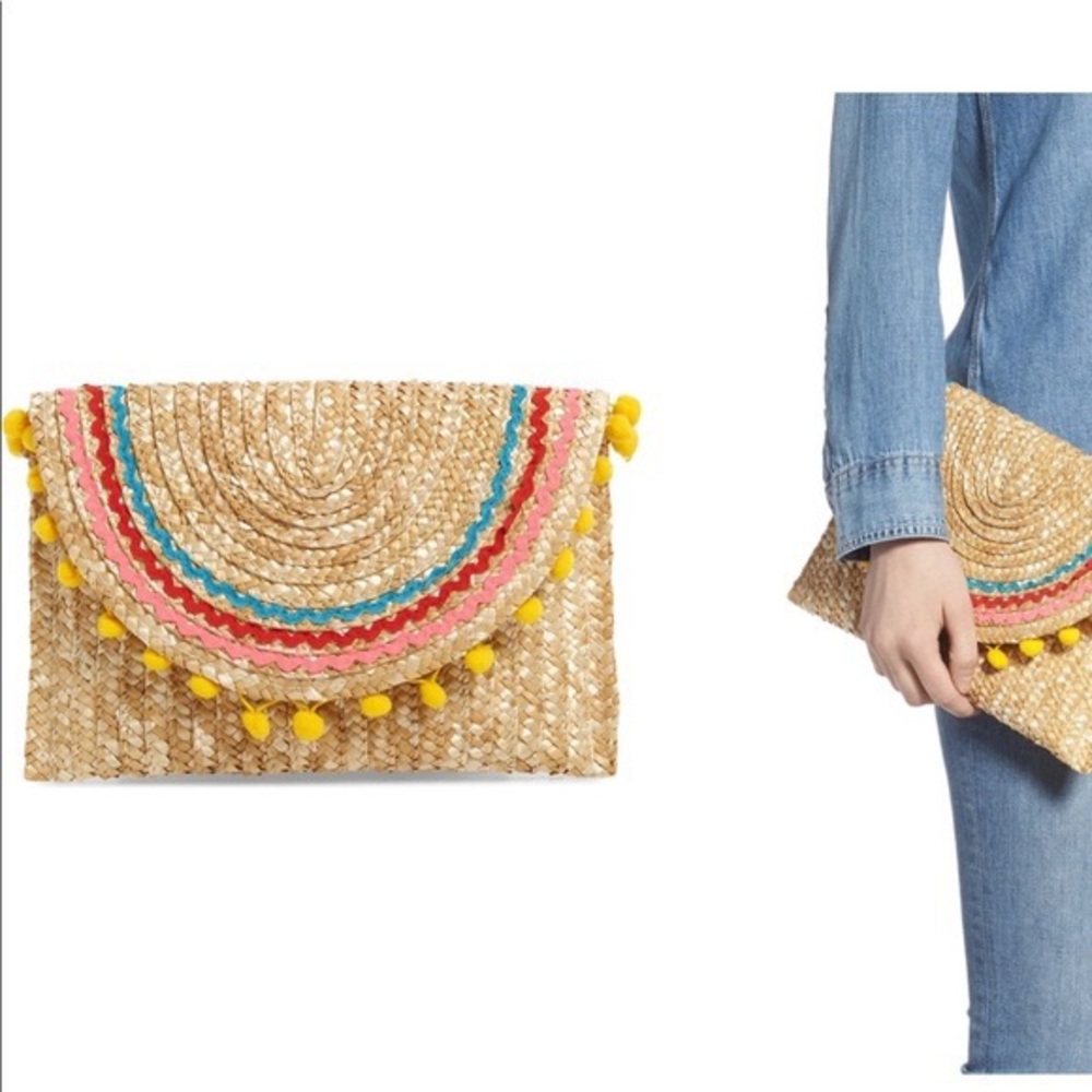 Anthropologie Shiraleah Pom Pom Straw Clutch Bag